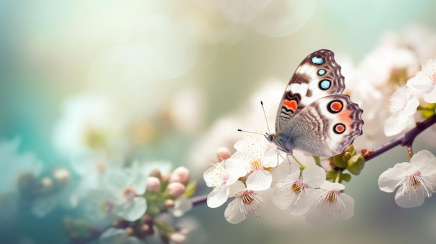 Una mariposa en una rama con flores de fondo generada por IA