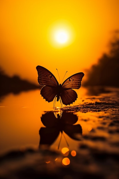 Una mariposa se recorta contra una puesta de sol amarilla Generativa de IA