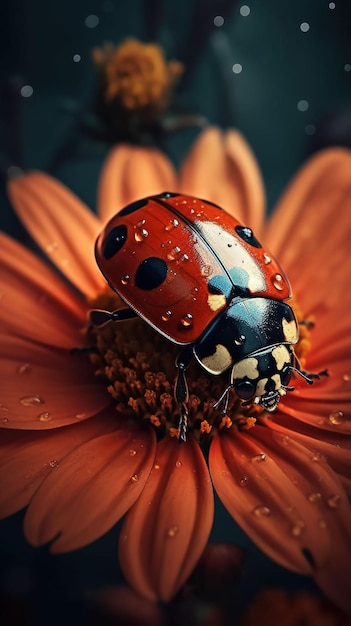 Foto mariposa roja con gotas de agua en una flor de cerca