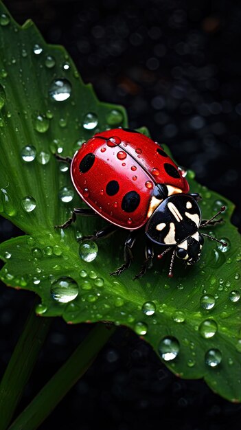 Foto una mariposa roja en una hoja verde con gotas de agua