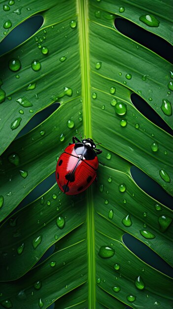 Foto una mariposa roja se sienta en una hoja con gotas de agua