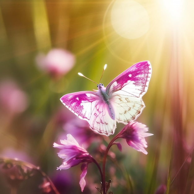 Una mariposa rosa con alas blancas se sienta sobre una flor rosa.