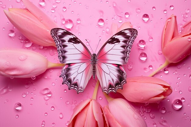 Foto una mariposa rosa y blanca con gotas de agua en ella