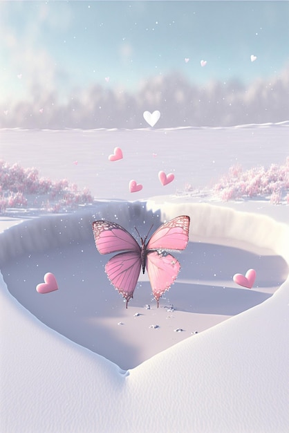 Mariposa rosa sentada encima de un ai generativo de suelo cubierto de nieve