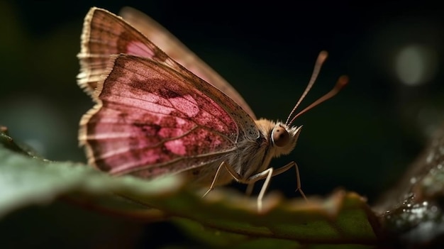 Una mariposa rosa se sienta en una hoja en la oscuridad.