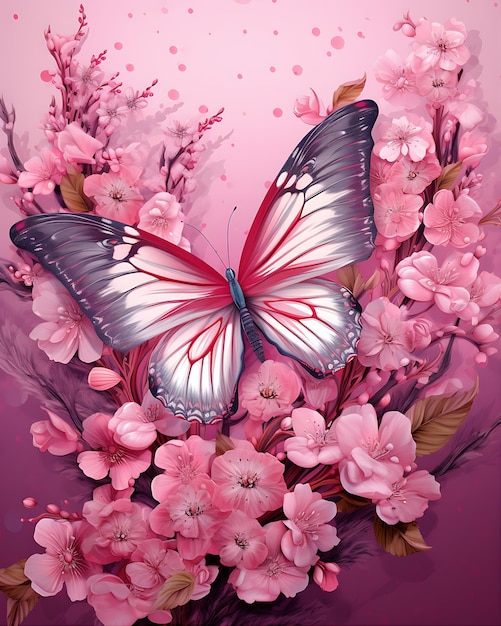 Mariposa rosada con flores sobre un fondo rosado