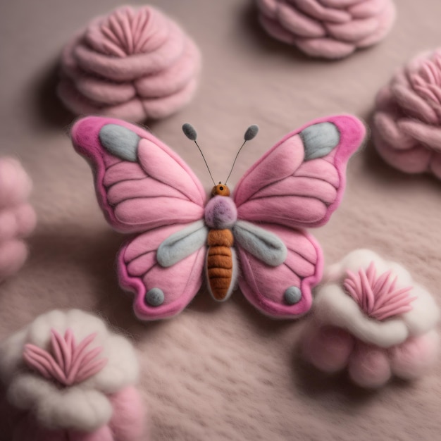 Foto una mariposa rosada con rayas rosadas y azules se sienta en un pastel.