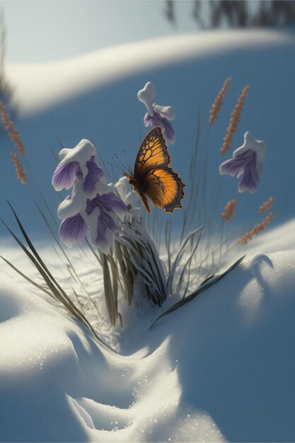 Mariposa sentada en una flor en la nieve Generativa Ai