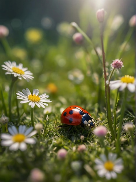 una mariposa se sienta en un campo de margaritas