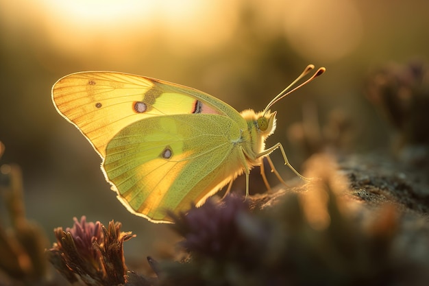 Una mariposa se sienta en una flor al sol.