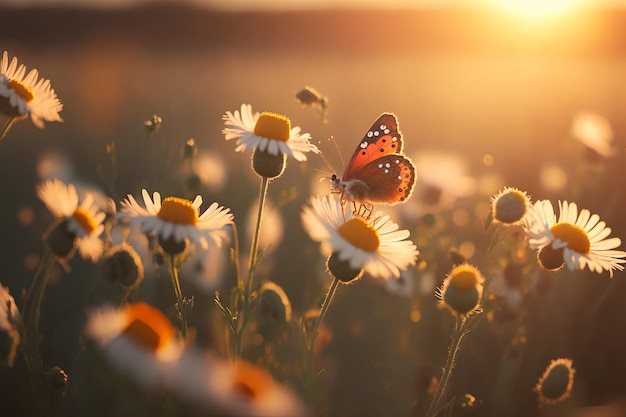 Una mariposa se sienta en una flor al sol.