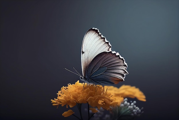 Una mariposa se sienta en una flor amarilla con la palabra mariposa en ella.