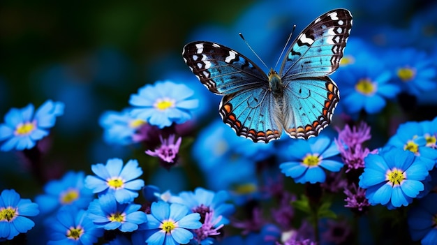 una mariposa se sienta en una flor azul con una mariposa en ella