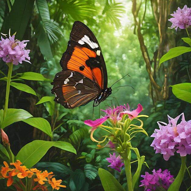 Foto una mariposa se sienta en una flor en el bosque