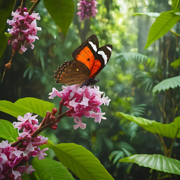 una mariposa se sienta en una flor en el bosque