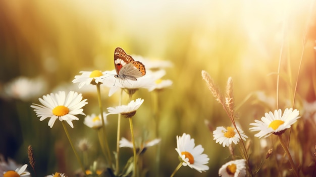 Una mariposa se sienta en una flor en un campo de margaritas.