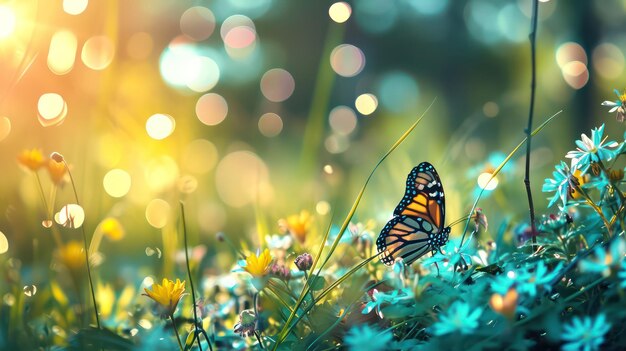 una mariposa se sienta en una flor en la hierba