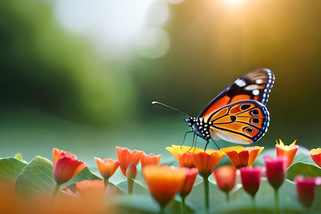 Una mariposa se sienta en una flor en el jardín.