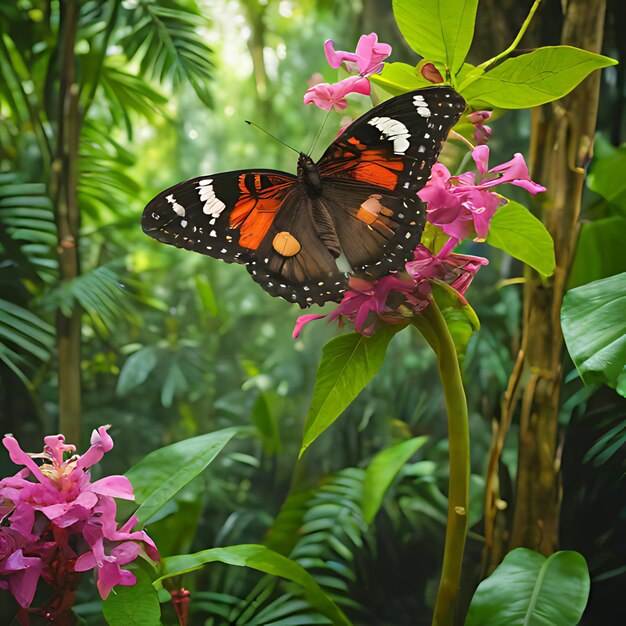 una mariposa se sienta en una flor en la jungla