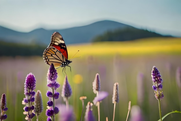Una mariposa se sienta en una flor morada en el campo.