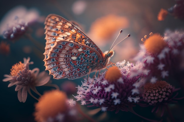 Una mariposa se sienta en una flor en la oscuridad.