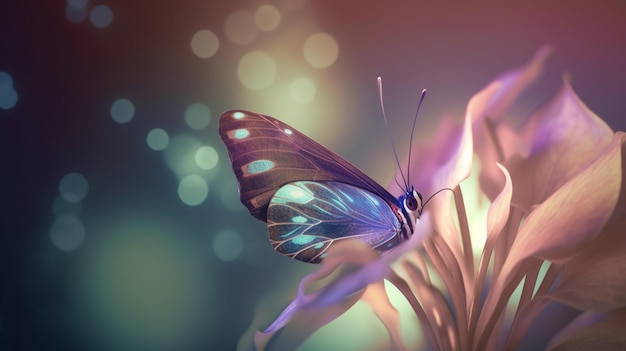 Una mariposa se sienta en una flor con la palabra mariposa en ella.