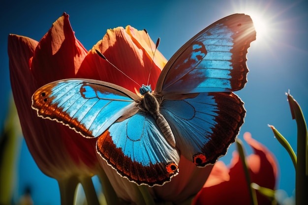 Una mariposa se sienta en una flor con el sol brillando sobre ella.