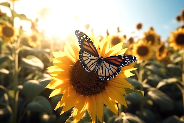 Una mariposa se sienta en un girasol al sol.