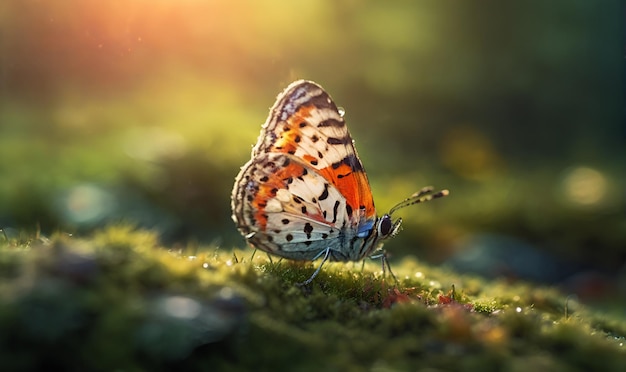 Una mariposa se sienta en la hierba verde cubierta en lugares con racemas