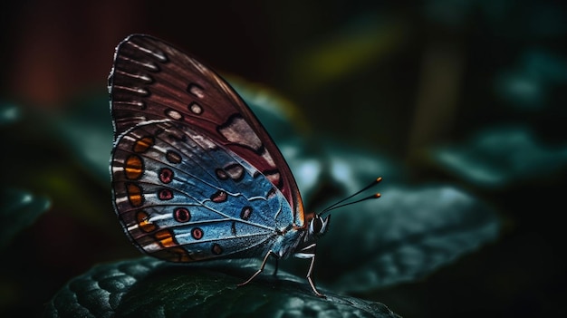 Una mariposa se sienta en una hoja en la oscuridad.