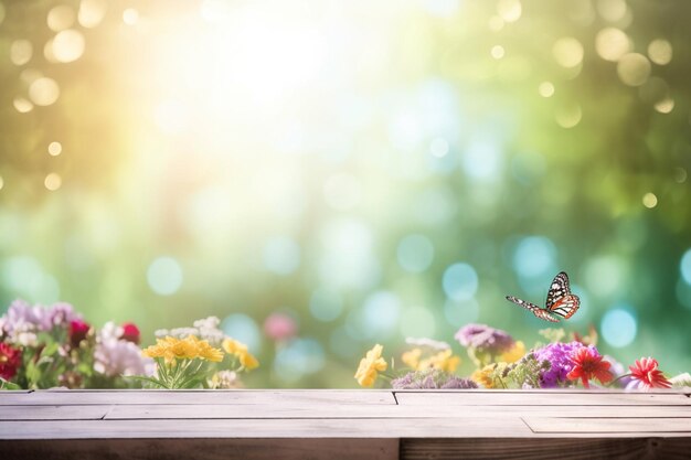 Una mariposa se sienta en una mesa frente a un fondo colorido con un fondo borroso.