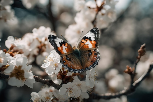 Una mariposa se sienta en una rama de un cerezo en flor.