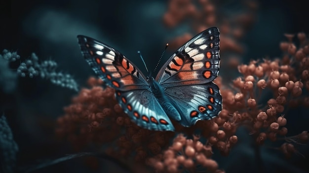 Una mariposa se sienta en una rama con flores en el ai backgroundgenerative