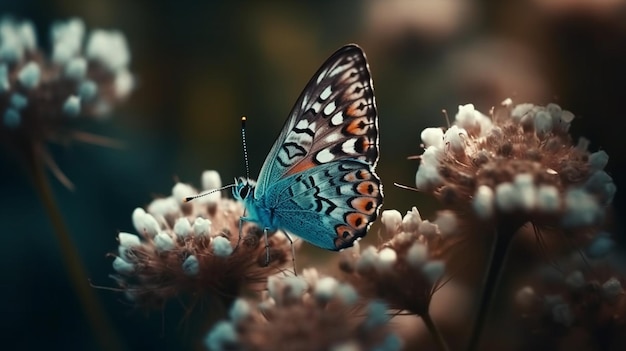 Una mariposa se sienta en una rama con flores en el ai backgroundgenerative
