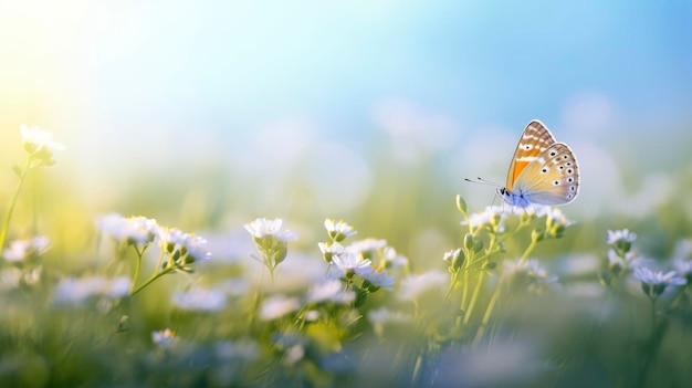 Una mariposa se sienta sobre una flor en un campo de flores blancas.