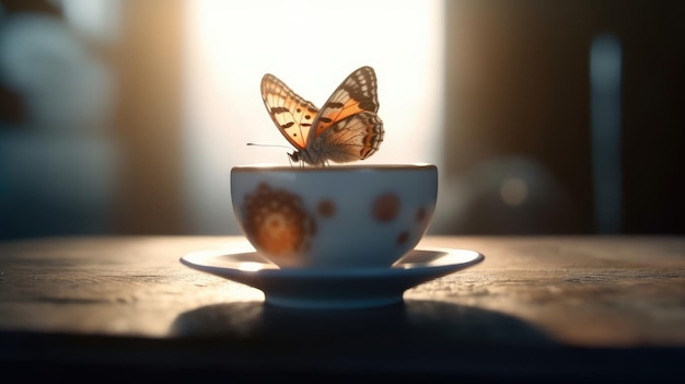 Una mariposa se sienta en una taza de té frente a una luz brillante.