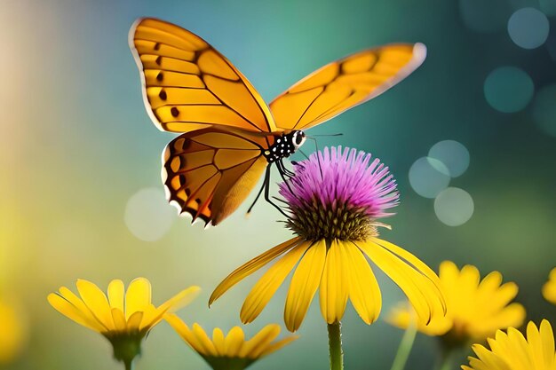 Una mariposa sobre una flor con una flor morada en el fondo.