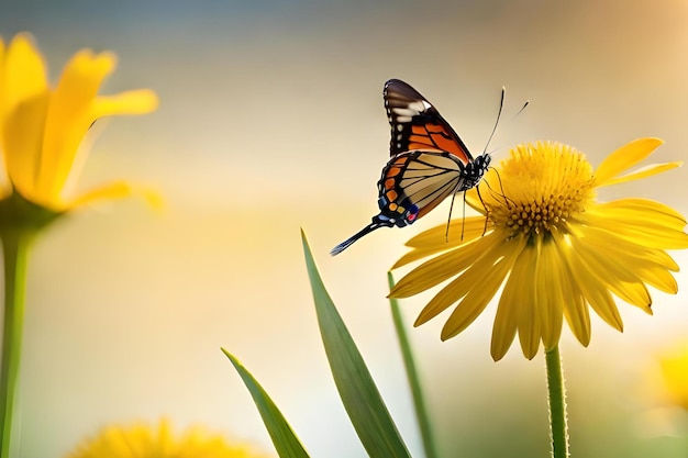 Una mariposa sobre una flor con un fondo amarillo.