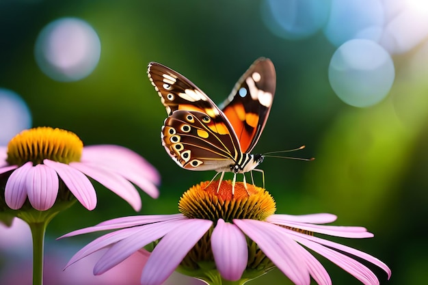 Una mariposa sobre una flor con un fondo borroso