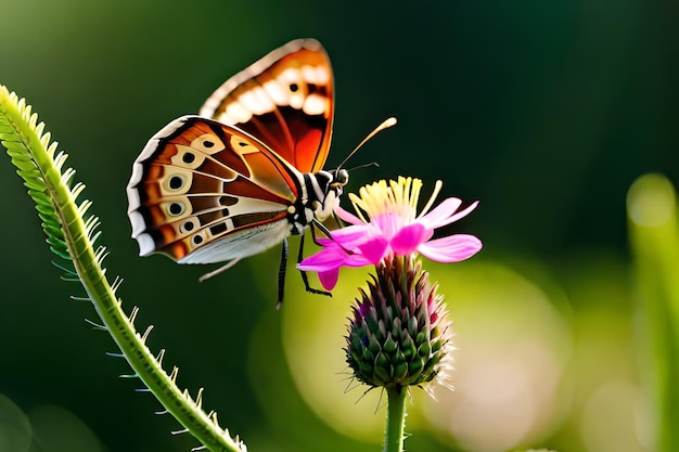 Una mariposa sobre una flor con un fondo borroso