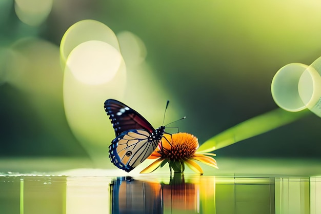 Una mariposa sobre una flor con un fondo verde.