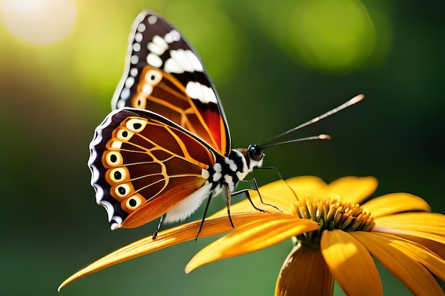 Una mariposa sobre una flor con un fondo verde.