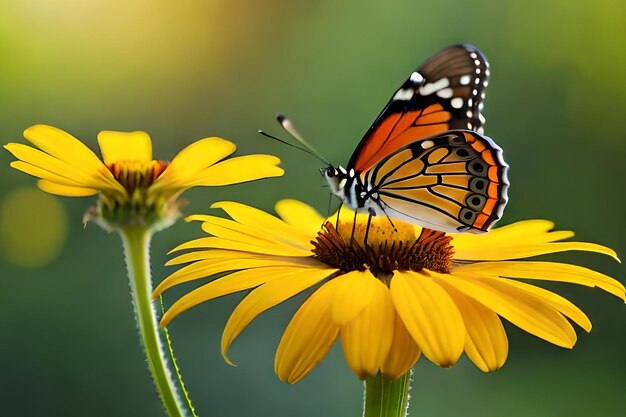 Una mariposa sobre una flor con un fondo verde.