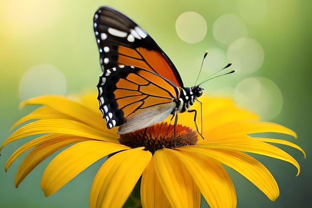 Una mariposa sobre una flor con un fondo verde.