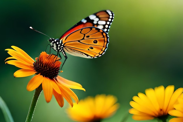 Una mariposa sobre una flor con un fondo verde.