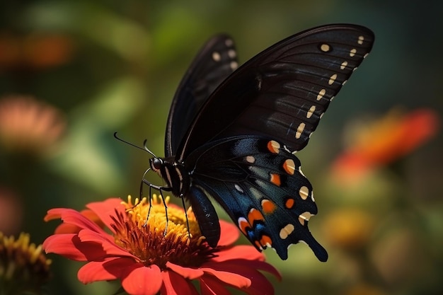 Una mariposa sobre una flor con manchas naranjas.