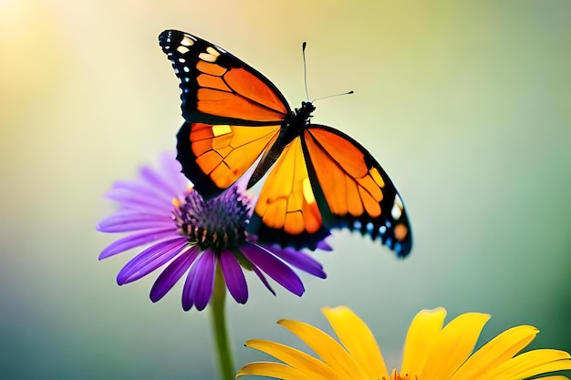 Una mariposa sobre una flor con pétalos de color púrpura