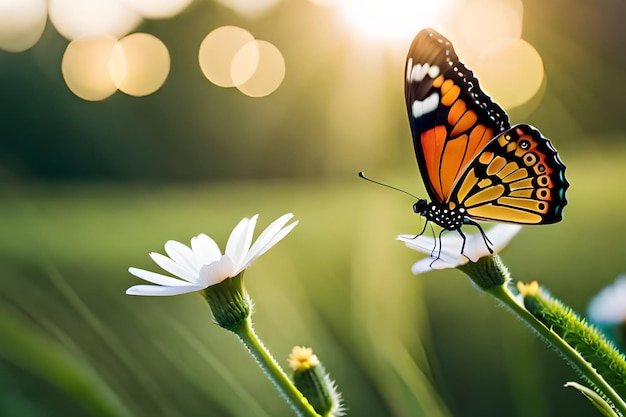 Una mariposa sobre una flor con el sol brillando sobre ella