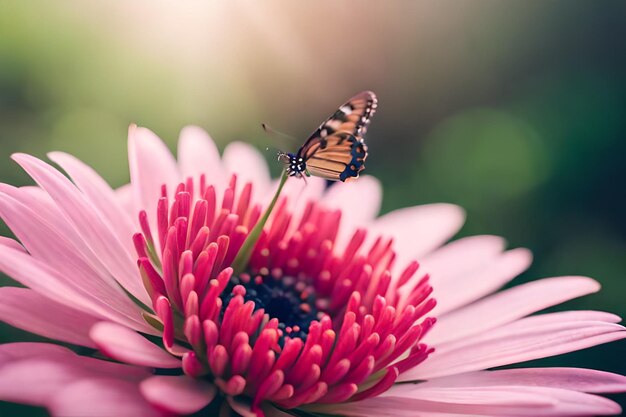 Una mariposa sobre una flor con el sol detrás