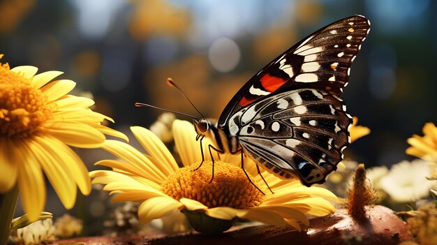 mariposa sobre flores amarillas con rayos de sol